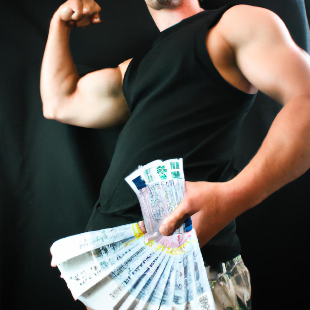 Bodybuilder flexing with cash